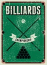 Billiards Championship typographical vintage grunge style poster design. Retro vector illustration. Royalty Free Stock Photo